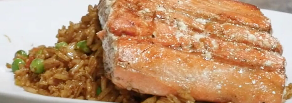 Bourbon Marinated Salmon over rice